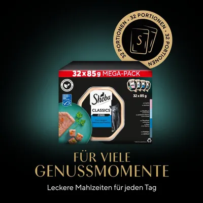 Sheba Classics Mega-Pack, 32x85g Fleisch-Variationen. Für viele Genussmomente: Leckere Mahlzeiten für jeden Tag.