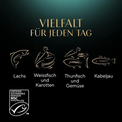 Vielfalt für jeden Tag: Lachs, Weissfisch und Karotten, Thunfisch und Gemüse, Kabeljau. Zertifiziert nachhaltige Meeresfrüchte MSC www.msc.org.