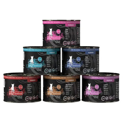 catz finefood PURRRR natvoer, diverse varianten: rund, schaap, kalkoen, kip, wild zwijn, lam. Graanvrij, monoproteïne, geen dierproeven.
