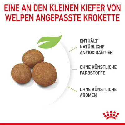 Kroketter för valpar, anpassade för små käkar. Innehåller naturliga antioxidanter, utan konstgjorda färgämnen och aromer.