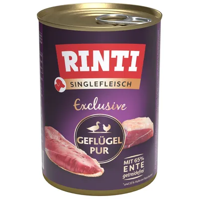 RINTI Singlefleisch Exclusive Geflügel Pur, met 65% eend, graanvrij. Blik hondenvoer met afbeelding van rauw gevogelte. Tekst deels in het Duits zichtbaar op het etiket.