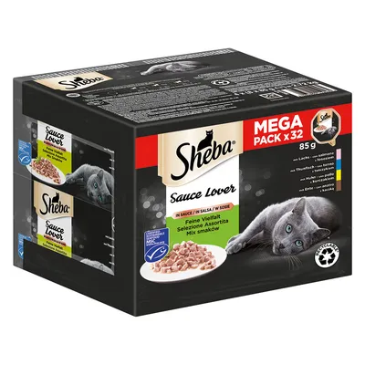 Sheba Sauce Lover Mega Pack x32, 85 г. Разнообразие с лососем, тунцом, курицей и уткой. Сертифицировано MSC, перерабатываемая упаковка.