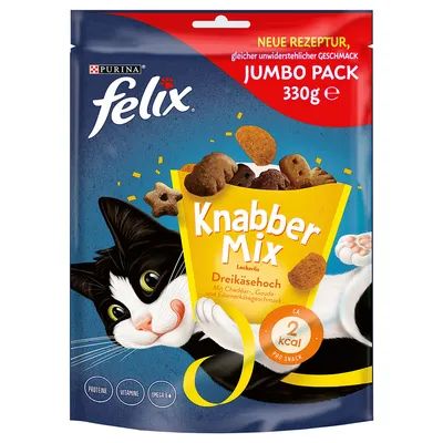 Felix Knabber Mix Dreikäsehoch, jumbo pack 330g. Contains cheddar, gouda and edam cheese flavours. Approximately 2 kcal per snack. Includes protein, vitamins, omega 6.