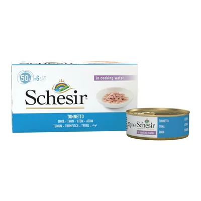 Schesir Tonnetto thon, 6 boîtes de 50 g, in cooking water. Texte visible : TUNA, THON, ATÚN, ATUM, TONIJN, THUNFISCH, TYHEL. Image d'une boîte et d'un emballage avec un plat de thon.