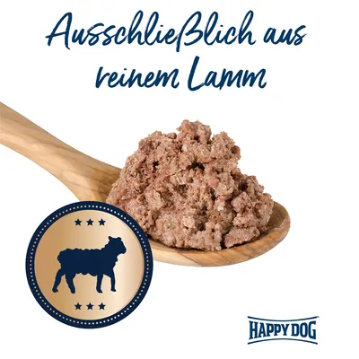 Happy Dog. Ausschliesslich aus reinem Lamm, Abbildung von Fleisch auf Holzlöffel mit Lamm-Symbol.