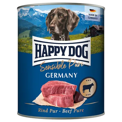 Happy Dog Sensible Pure Germany, Rind Pur. Vyrobené v Nemecku. Zobrazenie surového hovädzieho mäsa a psa s horskou krajinou v pozadí.