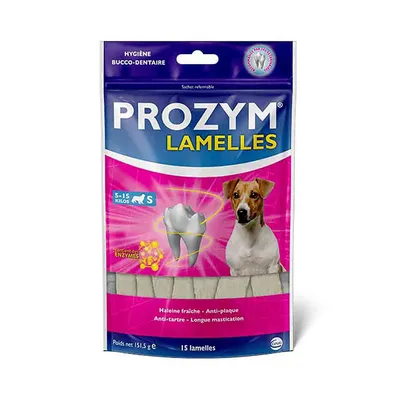 Prozym Lamelles per cani da 5-15 kg, 15 pezzi. Alito fresco, anti-placca, anti-tartaro, masticazione prolungata. Contiene enzimi per l'igiene orale.