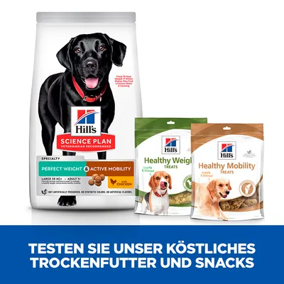 Hill's Science Plan Trockenfutter Perfect Weight & Active Mobility für grosse Hunde und Snacks Healthy Weight sowie Healthy Mobility. Testen Sie unser köstliches Trockenfutter und Snacks.