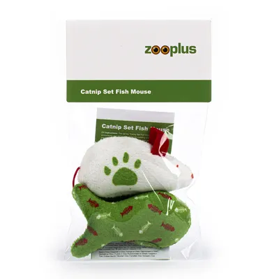 Zooplus Catnip Set Fish Mouse – balení s plyšovou myší a rybou, nápis na obalu: Catnip Set Fish Mouse