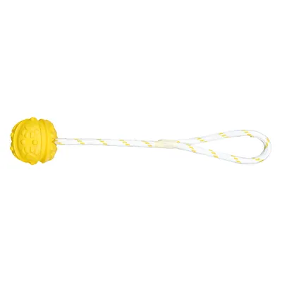 Żółta piłka z wypustkami na białej linie z żółtymi akcentami, odpowiednia do rzucania i przeciągania.