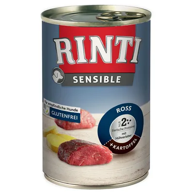 RINTI Sensible Ross + Kartoffel koiran märkäruokapurkki, tekstiä: glutenfrei, nur 2 tierische Proteine mit Hühnerleber, für empfindliche Hunde. Kuvassa lihaa ja perunaa.