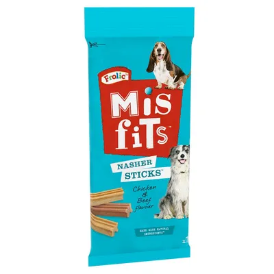 Misfits Nasher Sticks, chicken and beef flavour, made with natural ingredients. Image shows stick-shaped treats on blue packaging.