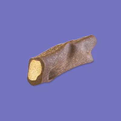 Image shows a brown chew stick with a lighter filling, displayed on a plain background to highlight its texture and cross-section.