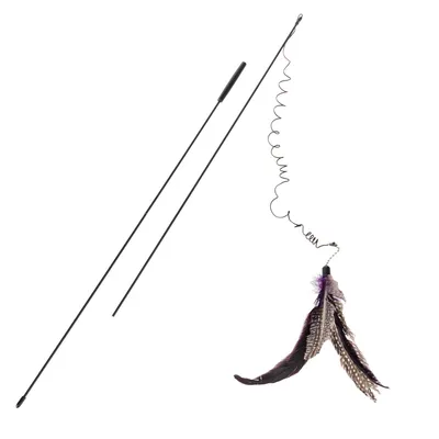 Bacchetta nera in plastica con manico, filo a spirale e piume colorate fissate all'estremità. Nessun marchio visibile.