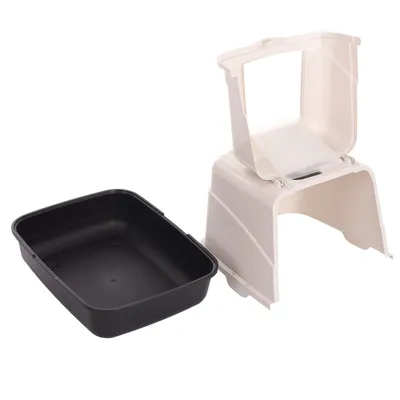 Zweiteiliger Futterautomat aus Kunststoff, bestehend aus einem schwarzen Napf und einem weißen Gehäuse mit Klappmechanismus.