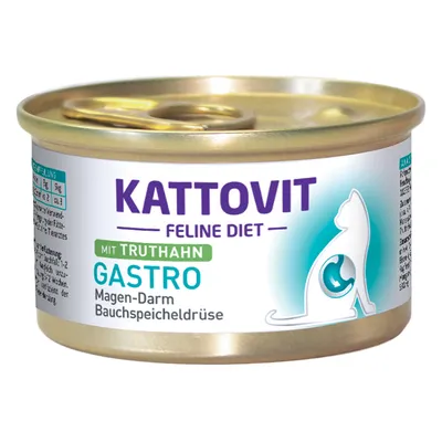 Boîte Kattovit Feline Diet Gastro mit Truthahn, texte visible : Magen-Darm Bauchspeicheldrüse, illustration de chat stylisé sur l’étiquette.