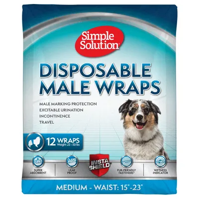 Simple Solution Disposable Male Wraps, taglia media, per circonferenza vita 15-23 pollici. 12 pezzi, super assorbenti, a prova di perdite, chiusure delicate sul pelo, indicatore di umidità.