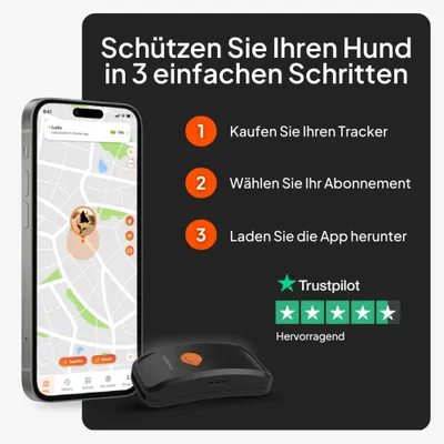 Schützen Sie Ihren Hund in 3 einfachen Schritten: 1. Tracker kaufen, 2. Abonnement wählen, 3. App herunterladen. Trustpilot Bewertung: Hervorragend.