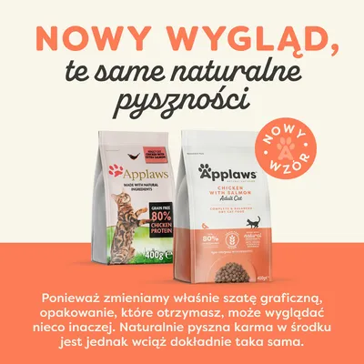 Applaws – nowe opakowanie karmy dla kotów, 80% białka z kurczaka, 400 g. Informacja: zmiana szaty graficznej, zawartość produktu pozostaje bez zmian.