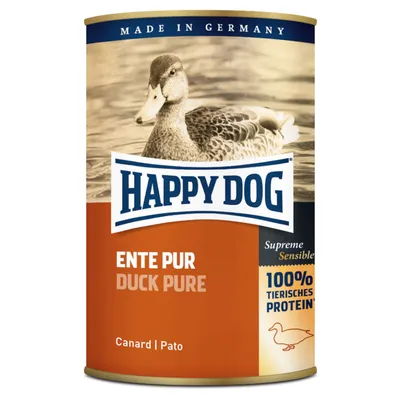 Scatola di cibo per cani Happy Dog Ente Pur Duck Pure, Supreme Sensible, 100% tierisches protein, Made in Germany. Testo visibile anche: Canard, Pato.