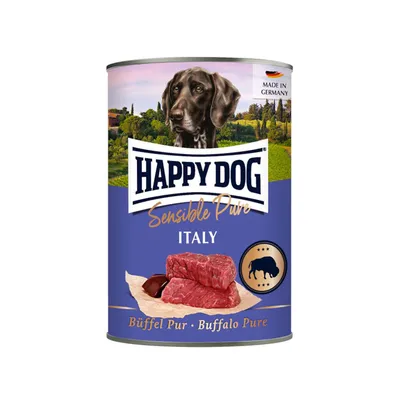 Happy Dog Sensible Pure Italy, Buffalo Pure. Made in Germany. Wet food with image of raw buffalo meat and olives.