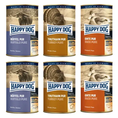6 lattine Happy Dog: Büffel Pur Buffalo Pure, Truthahn Pur Turkey Pure, Ente Pur Duck Pure. Testo visibile: 100% tierisches protein, Made in Germany, Supreme Sensible.