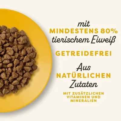 Mit mindestens 80% tierischem Eiweiss, getreidefrei, aus natürlichen Zutaten, mit zusätzlichen Vitaminen und Mineralien.