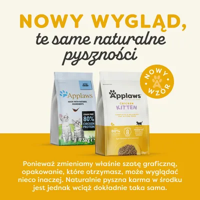 Nowy wygląd, te same naturalne pyszności. Dwa opakowania karmy Applaws Kitten Chicken 7,5 kg z widocznym napisem: 80% chicken protein. Informacja o zmianie szaty graficznej.
