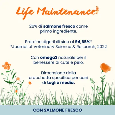 26% di salmone fresco come ingrediente principale, proteine digeribili fino al 94,65%, naturale Omega 3 per pelle e pelo, crocchette di taglia specifica per cani di media taglia.