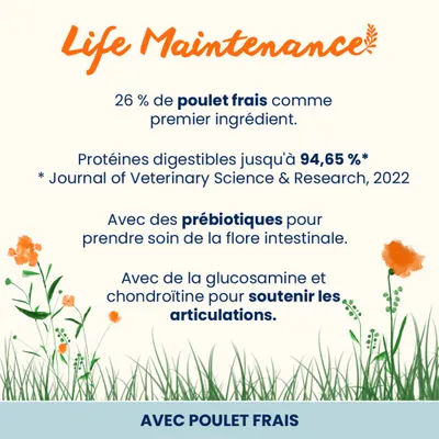 Life Maintenance : 26 % de poulet frais comme ingrédient principal, protéines digestibles jusqu'à 94,65 %, avec des prébiotiques pour la flore intestinale et de la glucosamine ainsi que de la chondroïtine pour soutenir les articulations.