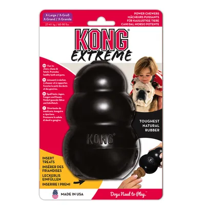 KONG Extreme X-Large para masticadores fuertes, de caucho natural resistente. Para perseguir, atrapar y masticar. Se puede rellenar con premios. Fabricado en EE. UU.