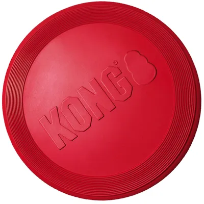 Disque rouge en plastique avec le nom de la marque KONG et son logo gravés sur le dessus.