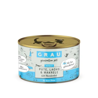GRAU generation pet Adult kalkon, lax och makrill, 68 % köttandel, utan tillsatt socker, spannmålsfri, med naturliga ingredienser. För din katt.
