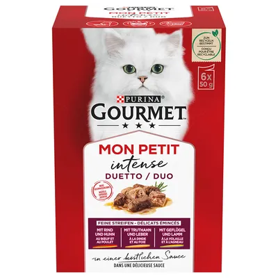 Purina Gourmet Mon Petit Intense Duetto/Duo, fina strimlor i utsökt sås. Smaker: nötkött & kyckling, kalkon & lever, fjäderfä & lamm. Förpackning med 6x50g portionspåsar.