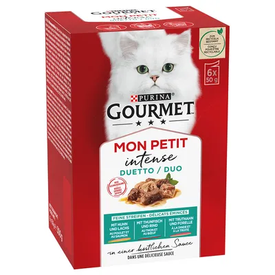 Purina Gourmet Mon Petit Intense Duetto/Duo, fina strimlor med kyckling och lax, tonfisk och nötkött, kalkon och forell i sås. Förpackning med 6x50g portionspåsar.