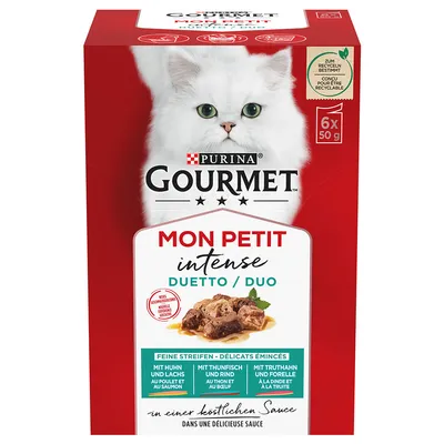 Purina Gourmet Mon Petit Intense Duetto/Duo. Tunna strimlor med kyckling och lax, tonfisk och nötkött, kalkon och forell i sås. 6x50g, återvinningsbar förpackning.
