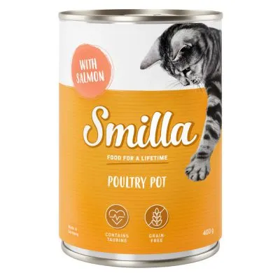 Boîte de nourriture pour chat Smilla Poultry Pot, with salmon, 400 g. Mentions visibles : contains taurine, grain free. Image d’un chat sur l’étiquette.