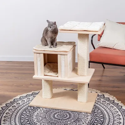 Árbol rascador de madera con tres niveles, postes envueltos en sisal y superficies acolchadas. Un gato gris está sentado en el nivel superior.