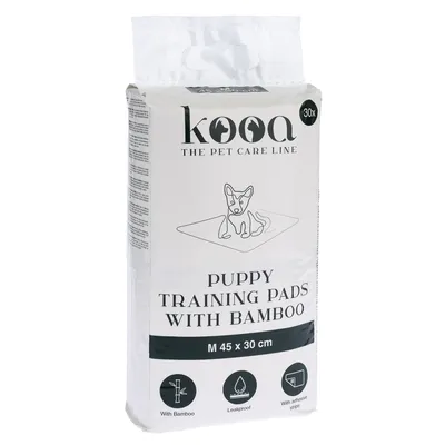 kooa Puppy Training Pads с бамбуком, размер M 45x30 см, 30 штук. Характеристики: из бамбука, непротекающие, с клеящей лентой.