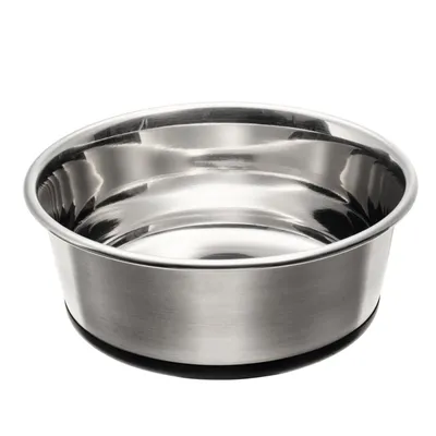 Stainless steel bowl with non-slip base, suitable for food or water.