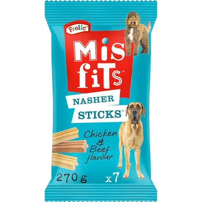 Misfits Nasher Sticks, chicken and beef flavour, 270g pack containing 7 sticks. Image shows product packaging with stick treats and animals.