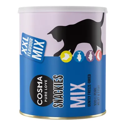 Cosma Pure Love Snackies Mix XXL Flavour, 100% pure meat & fish, gently freeze-dried. Confezione con silhouette di gatto e icone di pollo, pesce, anatra, manzo.