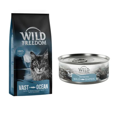 Wild Freedom cat food packaging: 6.5 kg Vast Ocean dry food with '100% grain-free recipe' and 'lots of fresh poultry meat with mackerel', plus Wild Rapids wet food tin, both with cat image.