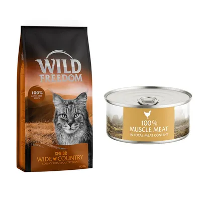 Wild Freedom Senior Wide Country dry cat food 6.5kg bag with 100% grain-free recipe and can labelled 100% muscle meat in total meat content, both with poultry imagery.