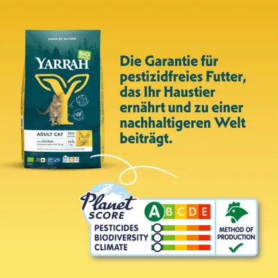 Yarrah Bio Adult Cat mit Huhn. Die Garantie für pestizidfreies Futter, das Ihr Haustier ernährt und zu einer nachhaltigeren Welt beiträgt. Planet Score A für Pestizide, Biodiversität, Klima.