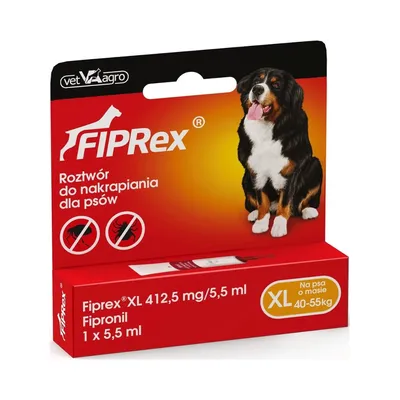 Fiprex XL roztwór do nakrapiania dla psów, Fipronil 412,5 mg/5,5 ml, 1 x 5,5 ml, na psa o masie 40–55 kg. Opakowanie z wizerunkiem psa.
