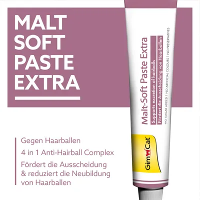 GimCat Malt-Soft Paste Extra. Gegen Haarballen, 4 in 1 Anti-Hairball Complex. Fördert die Ausscheidung und reduziert die Neubildung von Haarballen. Ohne Zuckerzusatz und Konservierungsstoffe.