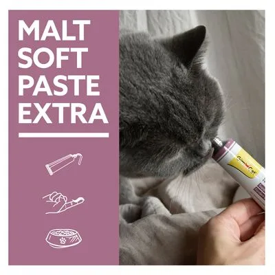 Kat likt aan tube GimCat Malt-Soft Paste Extra; links tekst: MALT SOFT PASTE EXTRA met illustraties van een tube, hand met pasta en voerbakje.