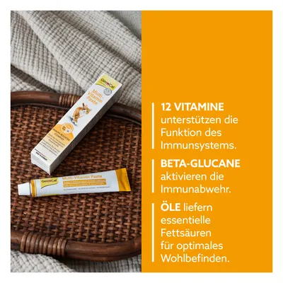 GimCat Multi-Vitamin Paste mit 12 Vitaminen zur Unterstützung des Immunsystems, Beta-Glucane für Immunabwehr und Öle für essentielle Fettsäuren. Immun-Booster für Katzen.
