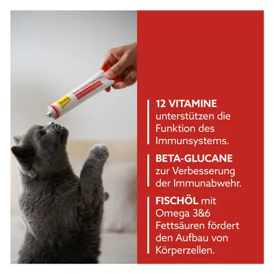 Multi-Vitamin Paste Extra für Katzen. 12 Vitamine unterstützen das Immunsystem, Beta-Glucane verbessern die Immunabwehr, Fischöl mit Omega 3&6 fördert den Aufbau von Körperzellen.